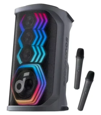 Soundcore party speaker with RGB lights and two microphones