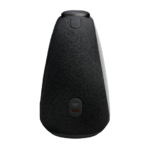 Black fabric-covered portable Bluetooth speaker with charging port