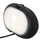 Black fabric speaker with glowing exclamation-mark light