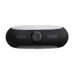 Black fabric smart speaker with white top and controls
