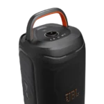 Black JBL portable party speaker with orange-accented handle