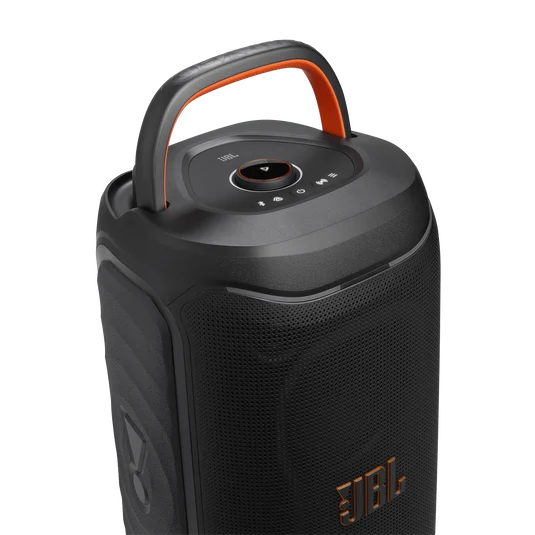 Black JBL portable party speaker with orange-accented handle