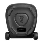 Black wheeled ergonomic seat base with warning symbol