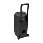 Black portable speaker with telescoping handle and wheels