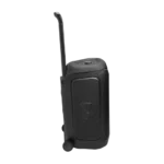 Black portable speaker with extended telescoping handle and wheels