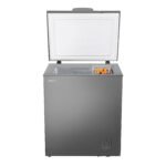 Open gray Hisense chest freezer with fruit basket