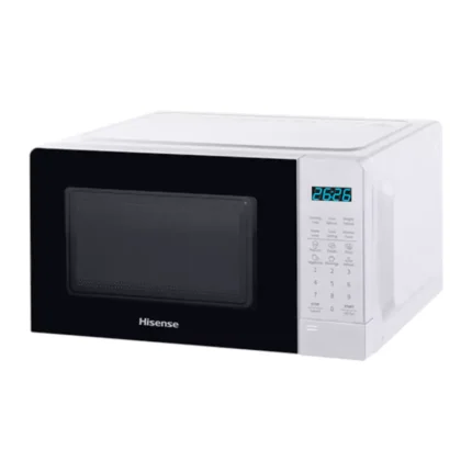 White Hisense countertop microwave with digital keypad
