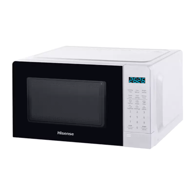 White Hisense countertop microwave with digital keypad