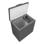 Open gray Hisense chest freezer with storage basket
