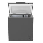 Open gray Hisense chest freezer with interior basket