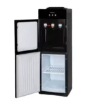 Black water dispenser with open refrigerated storage compartment