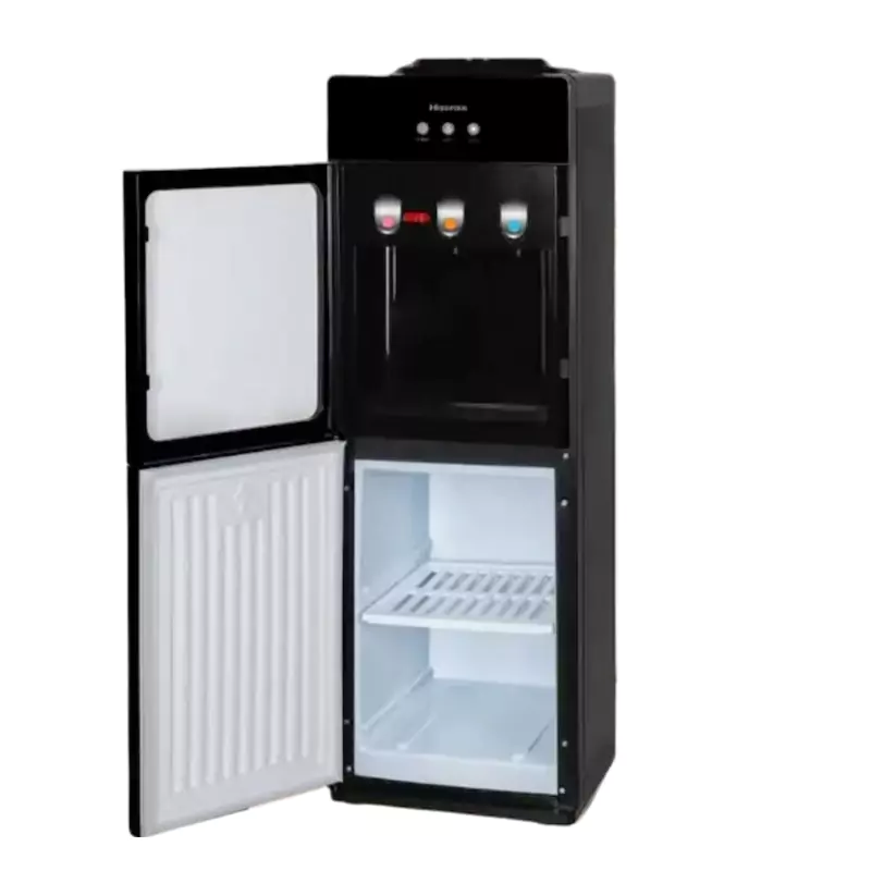 Black water dispenser with open refrigerated storage compartment