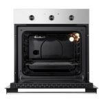 Open stainless steel oven with illuminated black interior