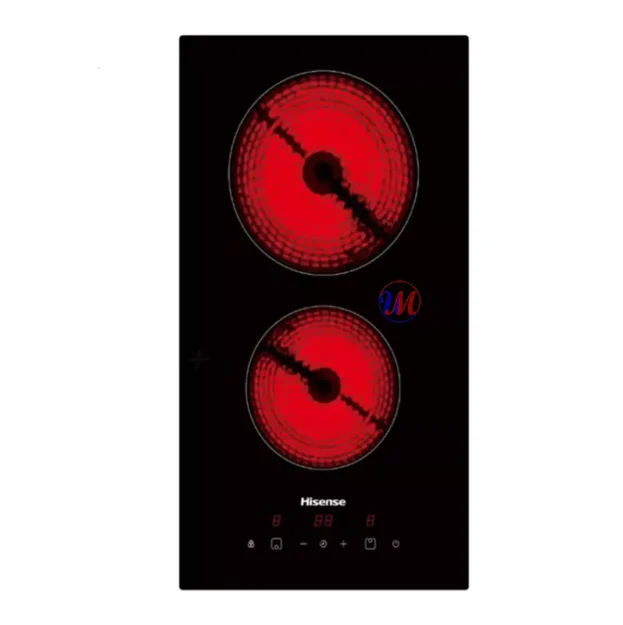 Hisense black glass cooktop with two glowing red burners