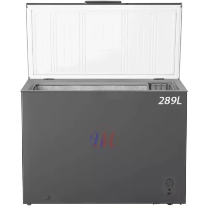 Open gray 289-liter chest freezer with interior basket