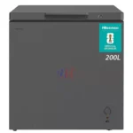 Gray Hisense 200-liter chest freezer with FIFA sponsor badge