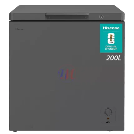 Gray Hisense 200-liter chest freezer with FIFA sponsor badge