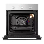 Open stainless steel convection oven with illuminated interior