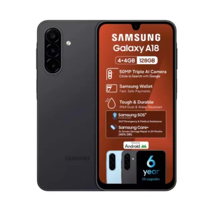 Samsung Galaxy A18 smartphone shown front and back