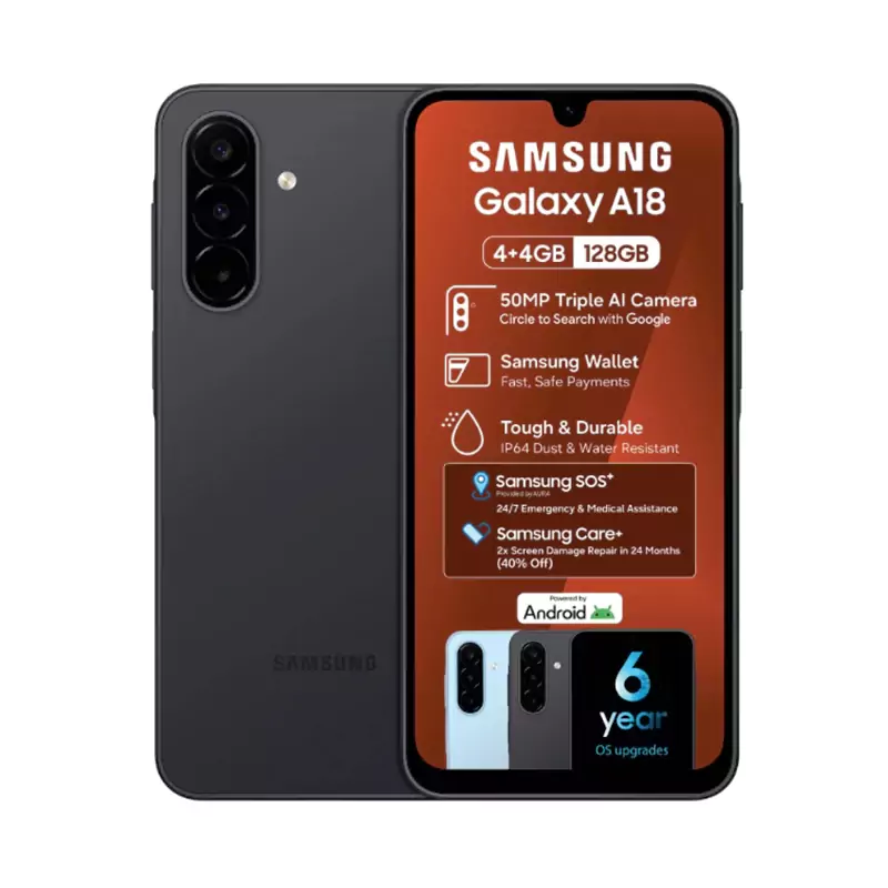 Samsung A18 128GB Samsung Galaxy A18 smartphone shown front and back