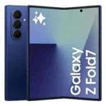 Blue Samsung Galaxy Z Fold phone shown open and closed