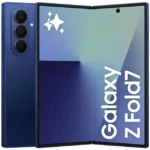 Blue Samsung Galaxy Z Fold foldable smartphone, open and closed